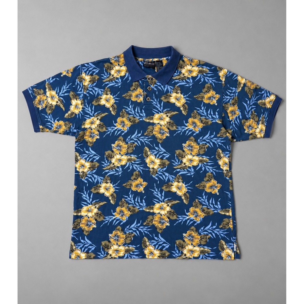 Vintage OP Sport Hawaiian Polo Shirt Men's XL Blue Floral Tropical Short Sleeve